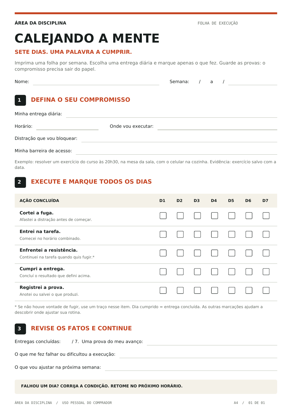 Checklist semanal para imprimir e marcar as ações realizadas